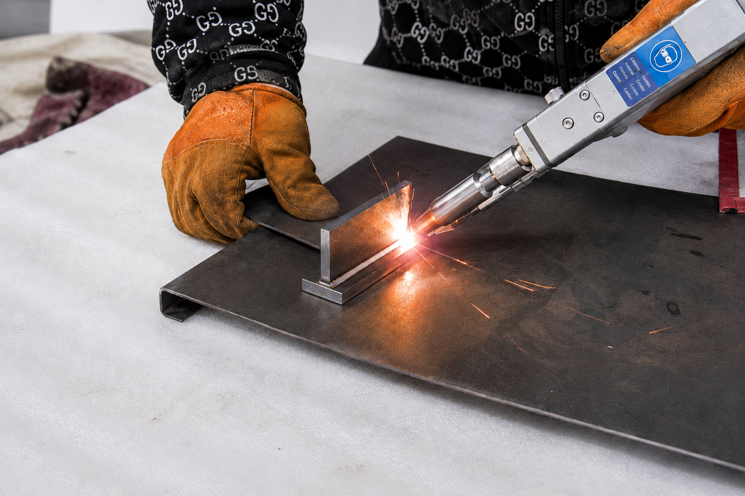 Gloved operator welding a metal joint with a handheld tool