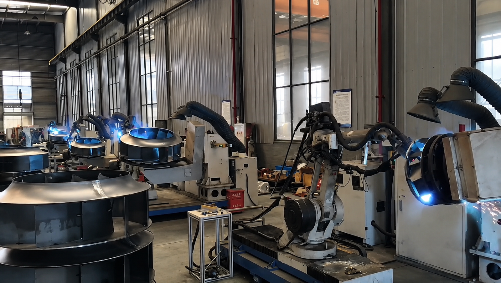 Row of robotic welding stations handling cylindrical metal parts