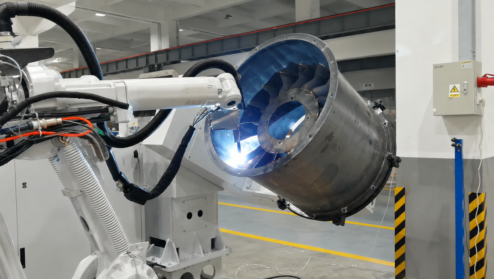 Robotic welding arm working inside a cylindrical metal assembly